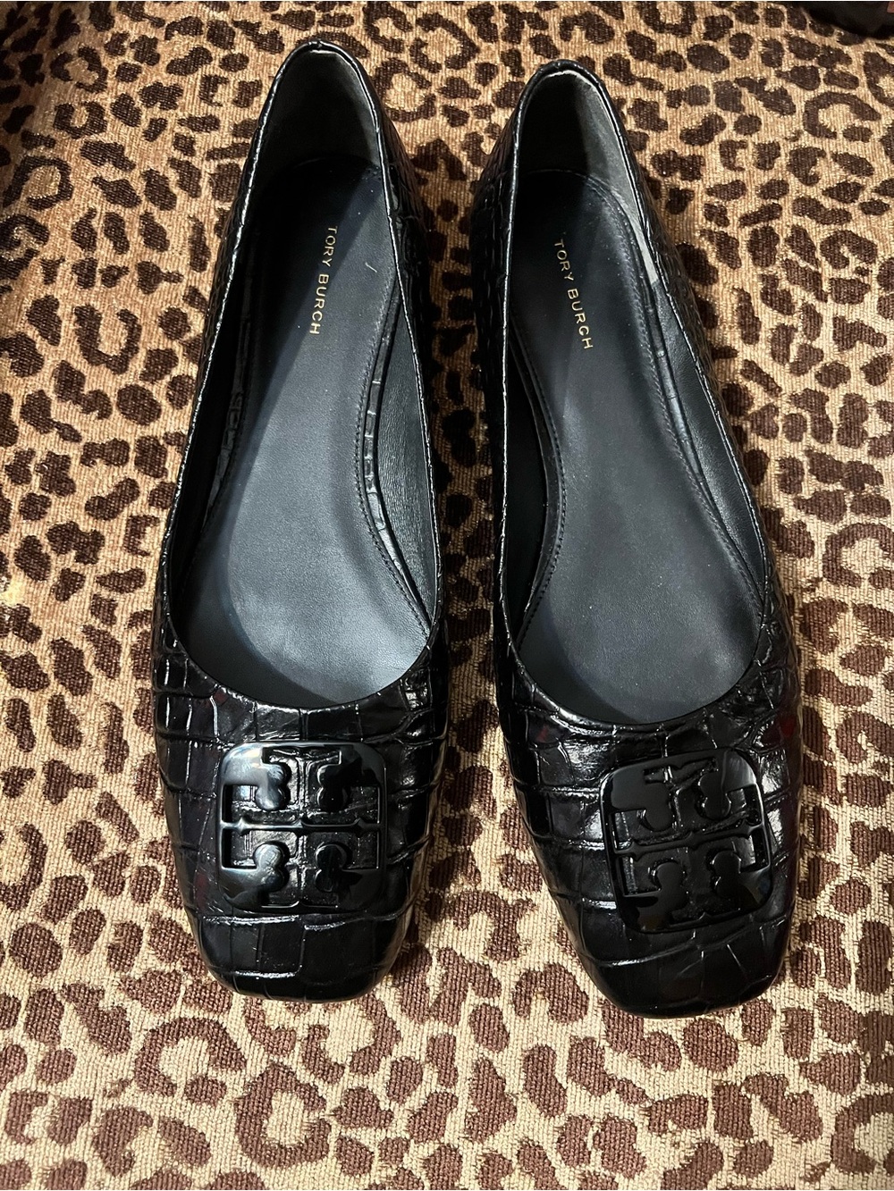 Tory Burch Black Croc-Embossed Logo Ballet Flats